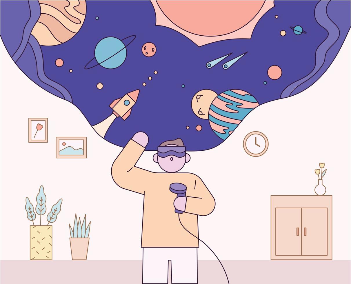 A man in the room is wearing VR glasses and looking at the universe. vector