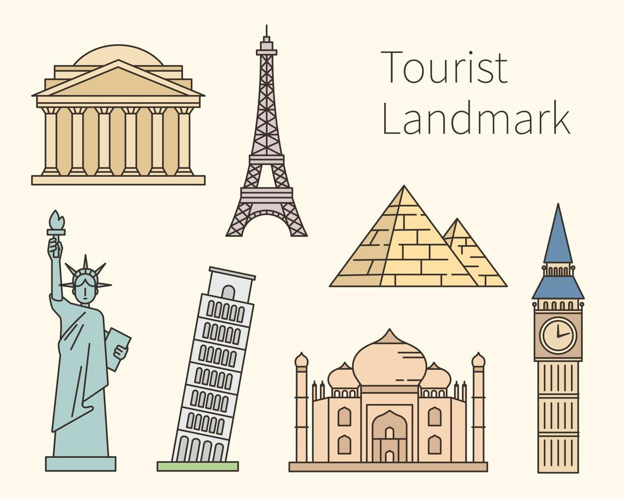 Collection of landmark icons of famous tourist destinations. flat design style vector illustration.