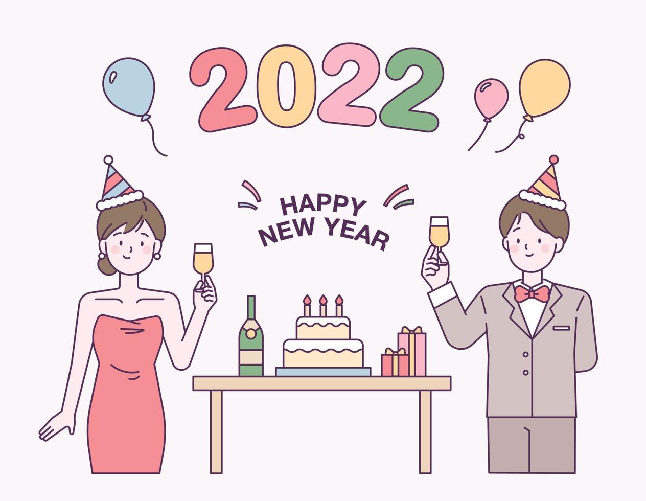 Tarjeta de año nuevo 2020. una pareja con vestidos y trajes brinda con champán. Ilustración de vector de estilo de diseño plano.