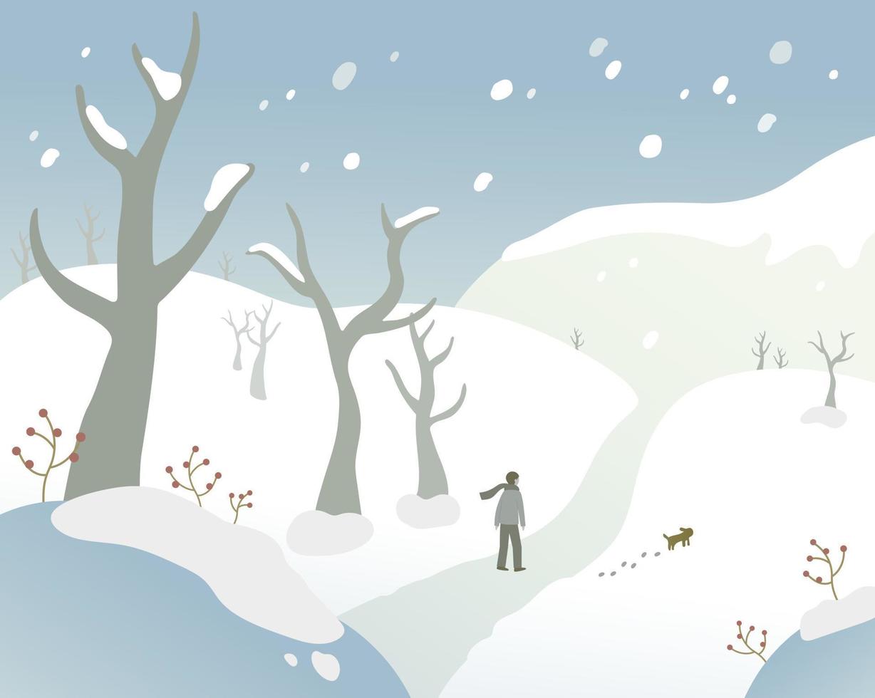 un hombre camina con un perro en el bosque nevado. Ilustración de vector de estilo de diseño plano.