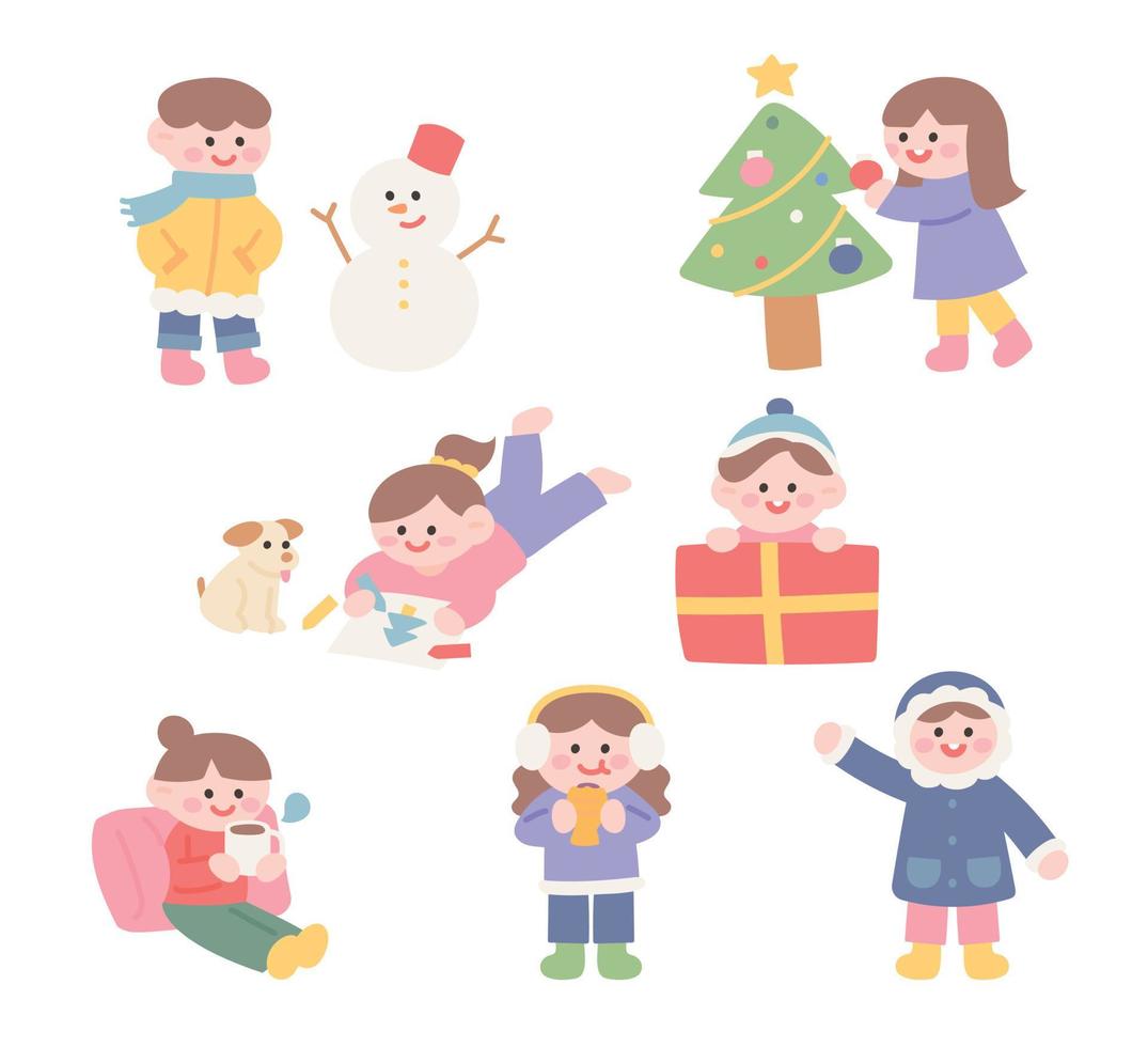 personaje navideño. lindos niños en ropa de invierno están jugando. Ilustración de vector de estilo de diseño plano.