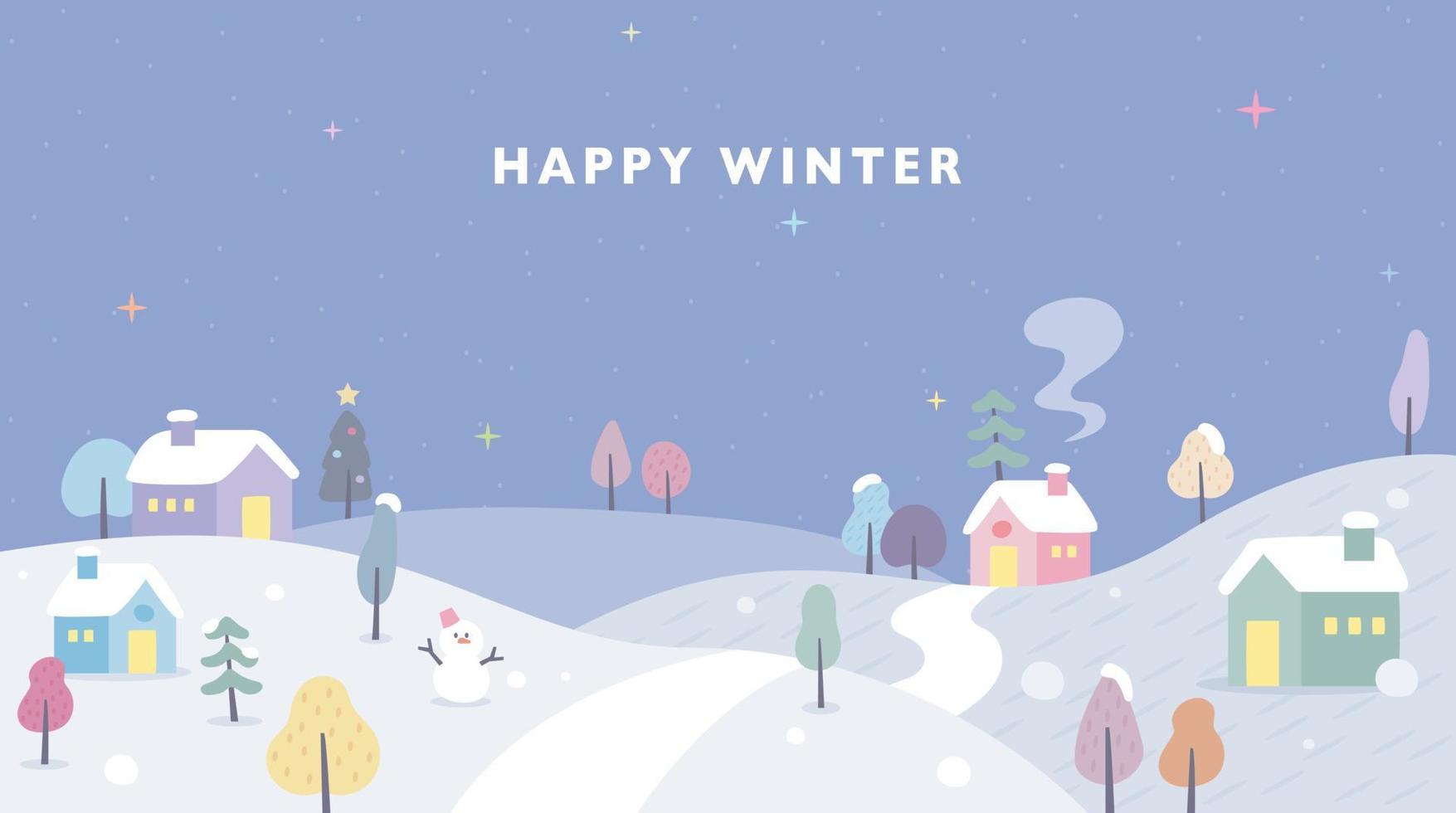 Quiet village landscape on a snowy winter night. flat design style vector illustration.