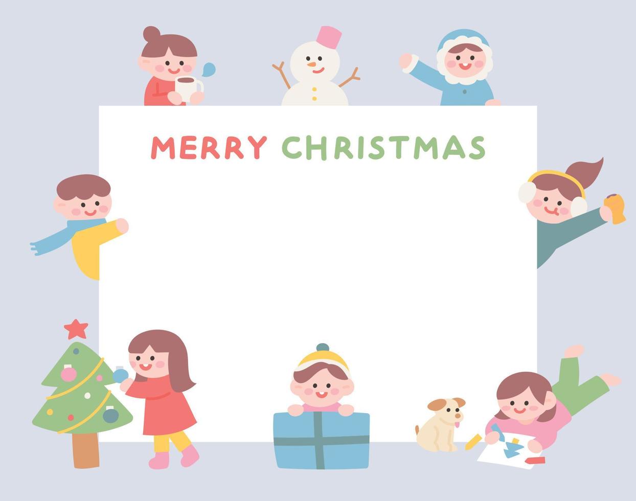 Los niños lindos dicen saludos navideños alrededor de un gran trozo de papel blanco. Ilustración de vector de estilo de diseño plano.