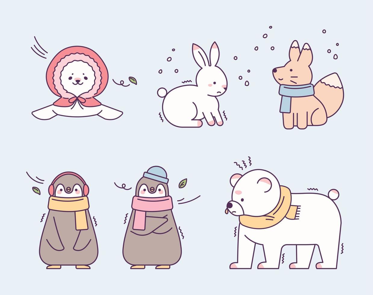 Cute baby animals in knitted scarves and hats are shivering in the cold. flat design style vector illustration.