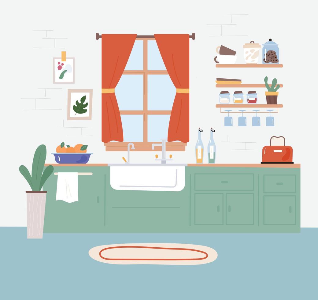 Espacio de cocina interior con una ventana sobre el fregadero. Ilustración de vector de estilo de diseño plano.