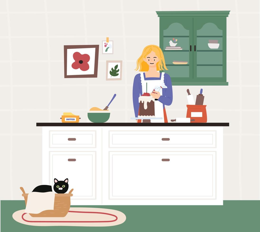 A woman is making a cake in the kitchen. The cat is sleeping in a basket. flat design style vector illustration.