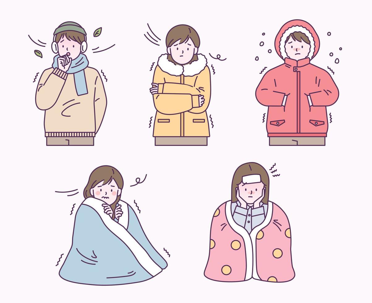 las personas con ropa de invierno o mantas tiemblan de frío. Ilustración de vector de estilo de diseño plano.