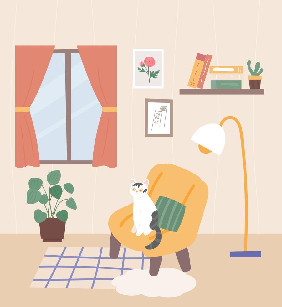 interior de la acogedora habitación con un gato sentado en un pequeño sofá. Ilustración de vector de estilo de diseño plano.