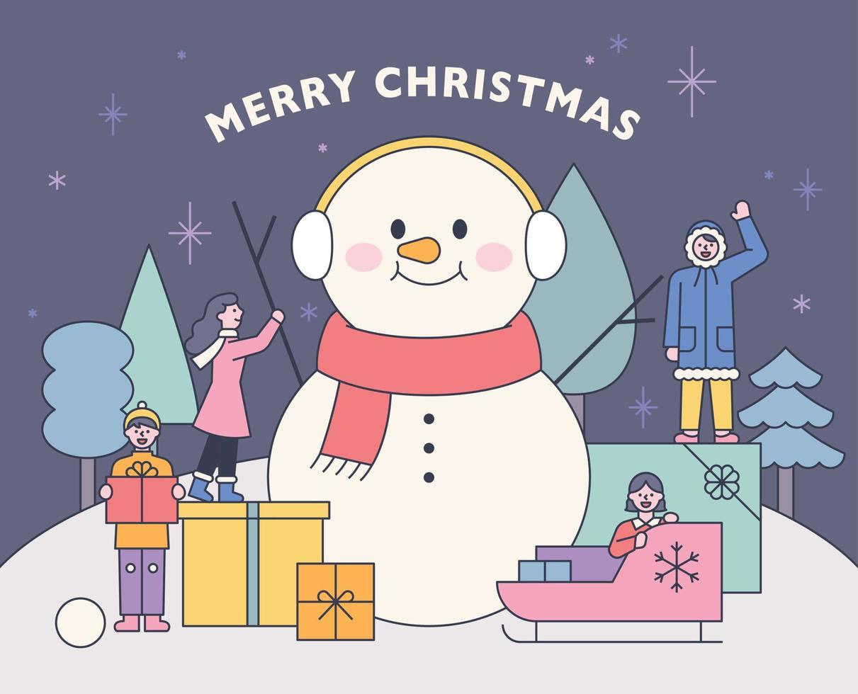 Around a large snowman, people are holding gift boxes and greeting Christmas. flat design style vector illustration.