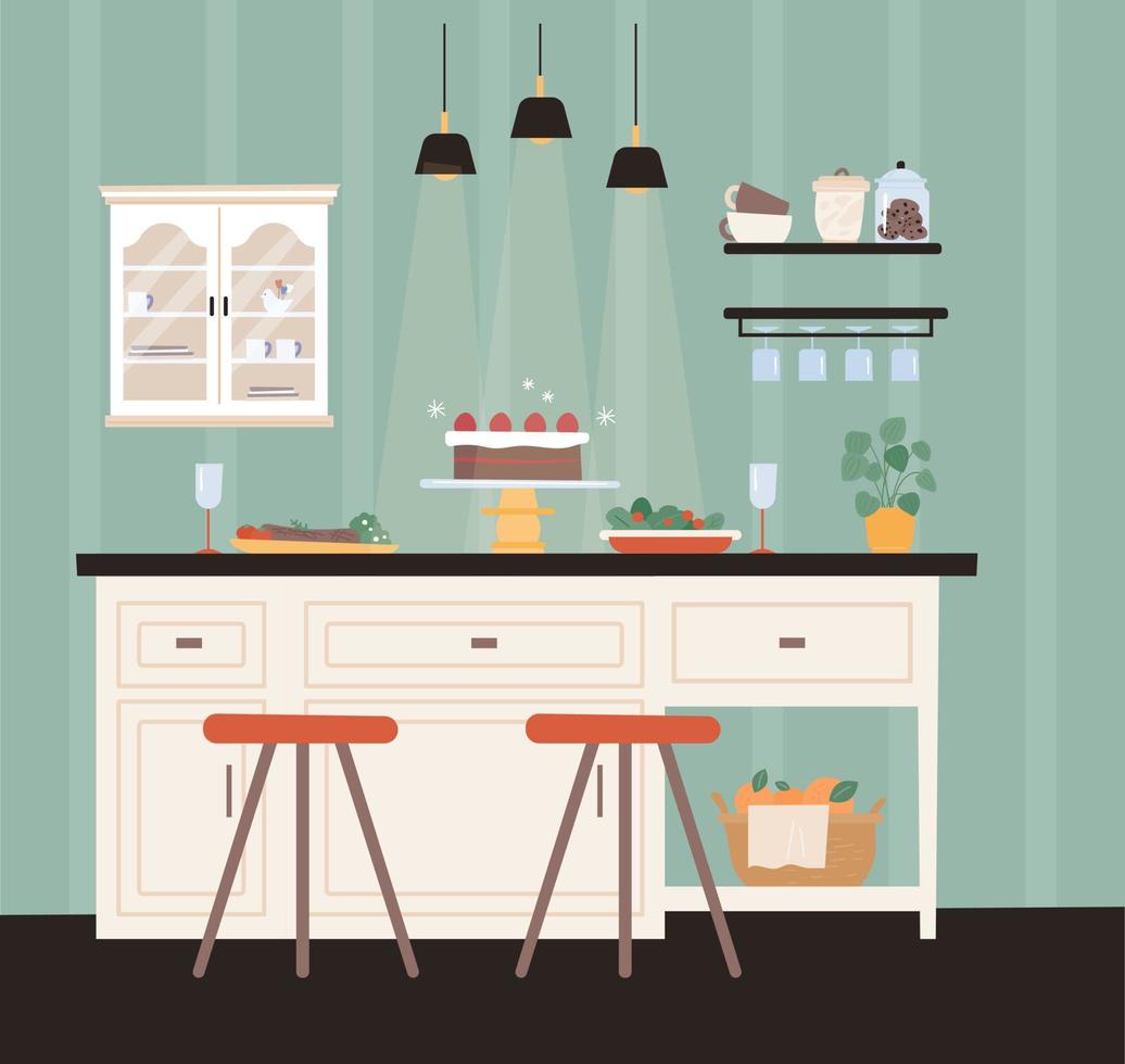 Fondo de cocina con tortas en la mesa de la isla. Ilustración de vector de estilo de diseño plano.