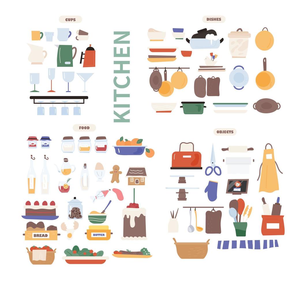 mega set de iconos de objetos de cocina. Ilustración de vector de estilo de diseño plano.