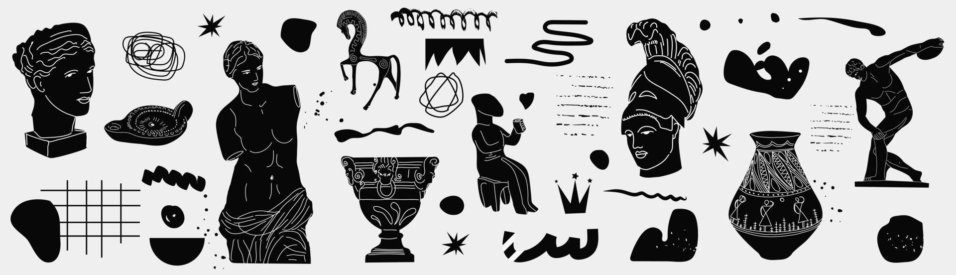 Ancient, Greek element set. Various Antique statues. Heads of woman, knight, amphora. Mythical, ancient greek style. Classic Antique items in modern style. All elements are isolated. vector