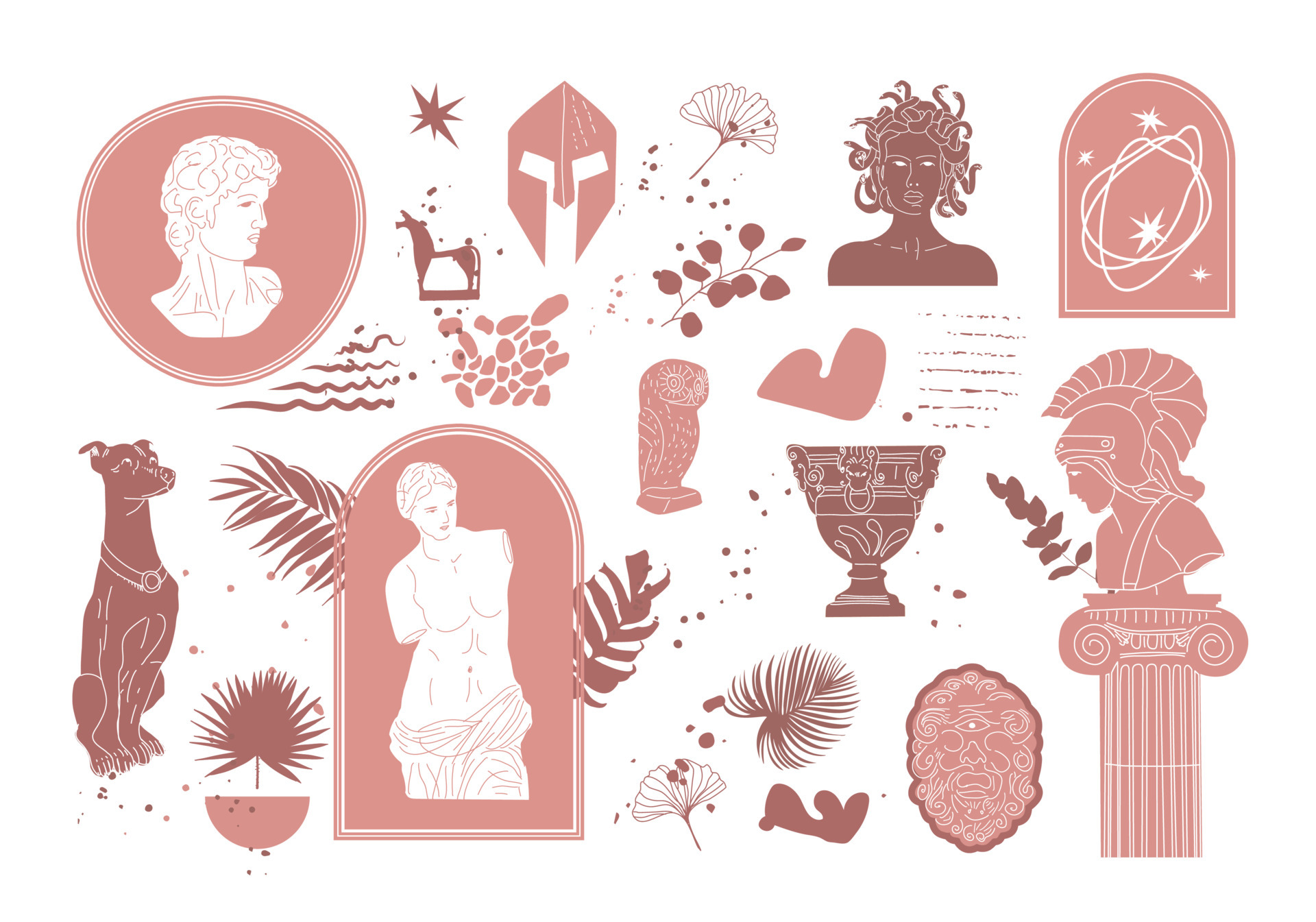 Ancient, Greek element set. Various Antique statues. Heads of woman