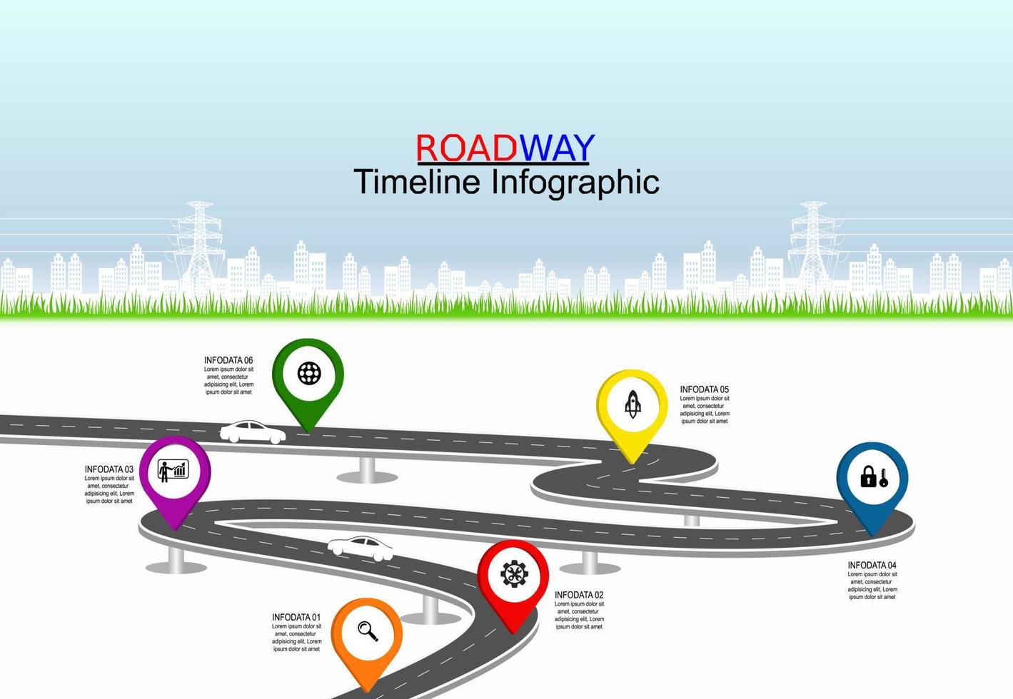 Vector template infographic Timeline of business operations with flags and placeholders on curved roads. Symbols, steps for successful business planning Suitable for advertising and presentations.