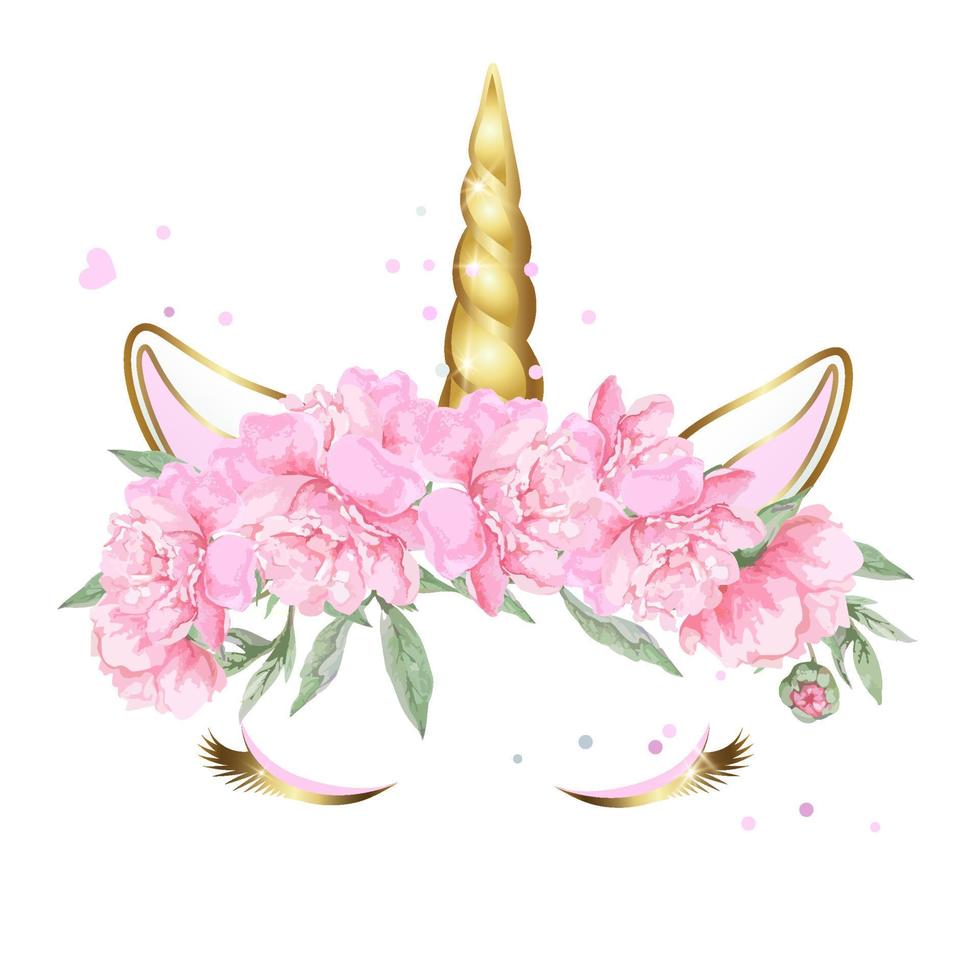 Face of a unicorn with closed eyes in a wreath of pink flowers with sparkles. vector