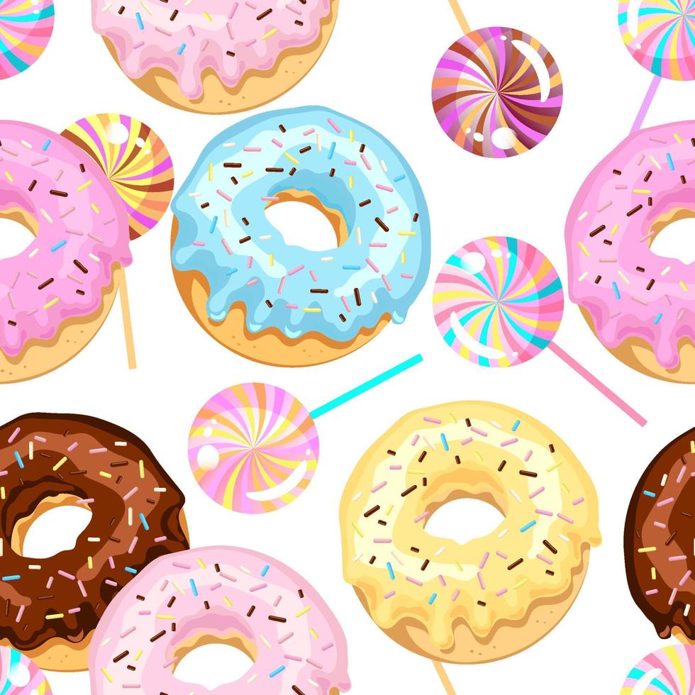 Seamless pattern of colored donuts with sugar glaze and chocolate with multi-colored candy. Vector illustration isolated on white background.