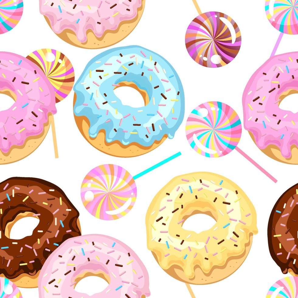 Seamless pattern of colored donuts with sugar glaze and chocolate with multi-colored candy. Vector illustration isolated on white background.