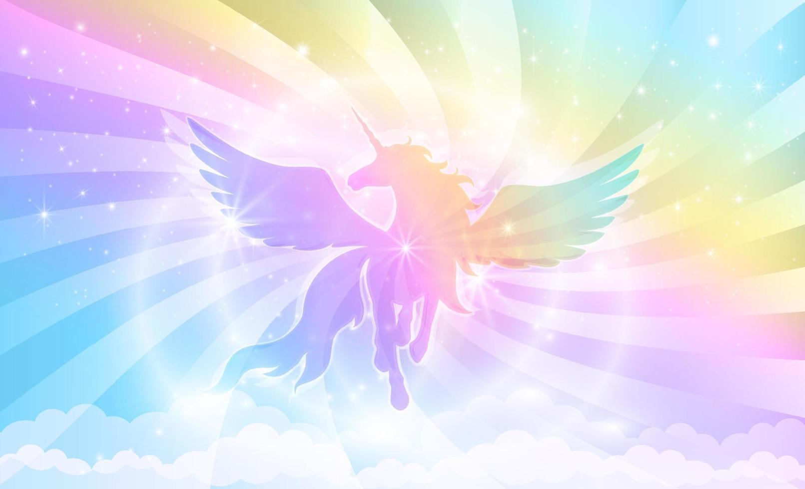 silueta de un unicornio con alas sobre un fondo de un cielo de arco iris con estrellas y rayos de luz. vector