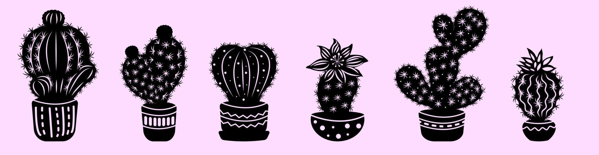 Set of black contour cacti in decorated pots. vector