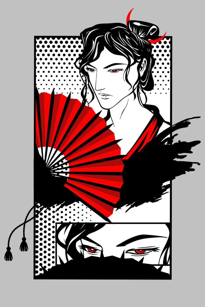 Man in a kimono holds a red battle fan vector