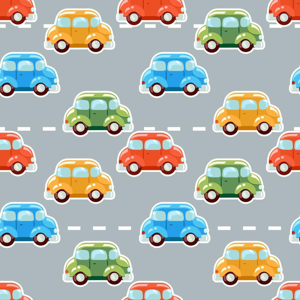 lindo patrón de autos de dibujos animados multicolores que conducen a lo largo de la carretera. vector