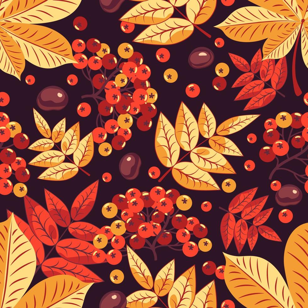 Autumn seamless pattern of red rowan berries and yellow leaves and fruits of chestnut on a dark background. vector