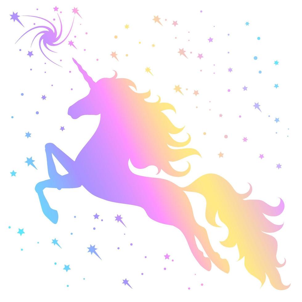 silueta de un unicornio volador en el cielo estrellado. silueta de arco iris. vector