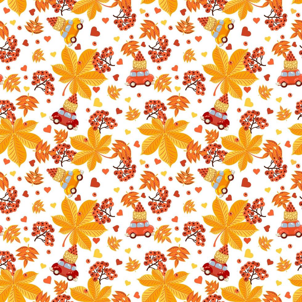 Seamless pattern with red rowan berries, hearts, cars, baskets with berries and autumn leaves. vector