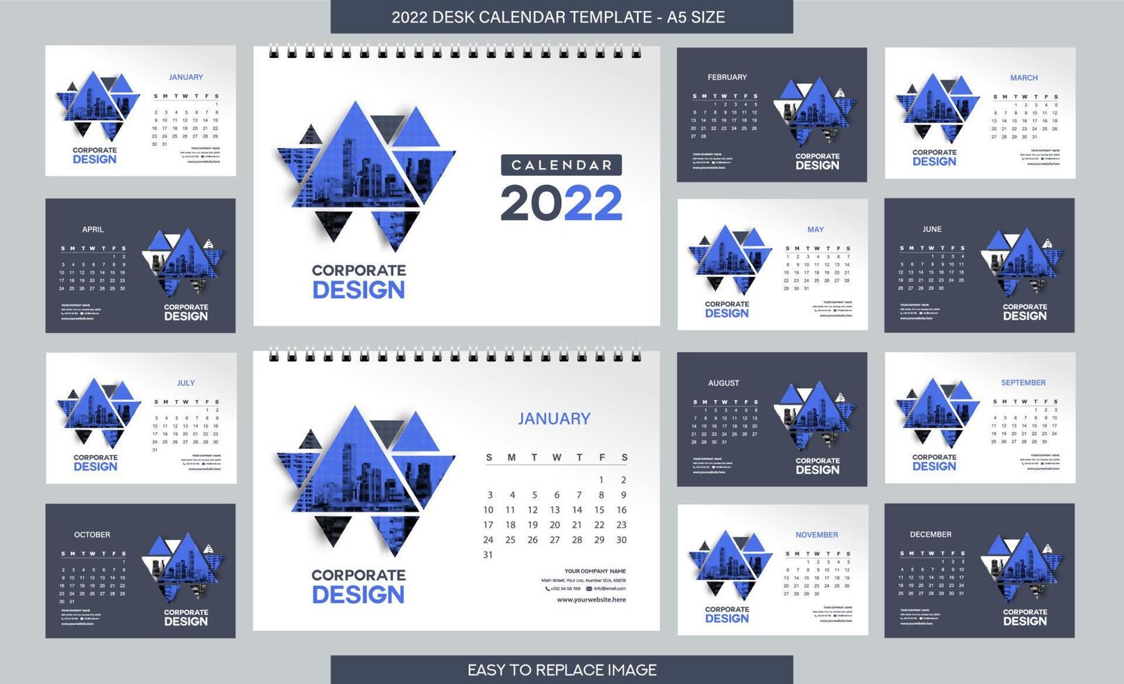 Desk Calendar 2022 template - 12 months included - A5 Size vector