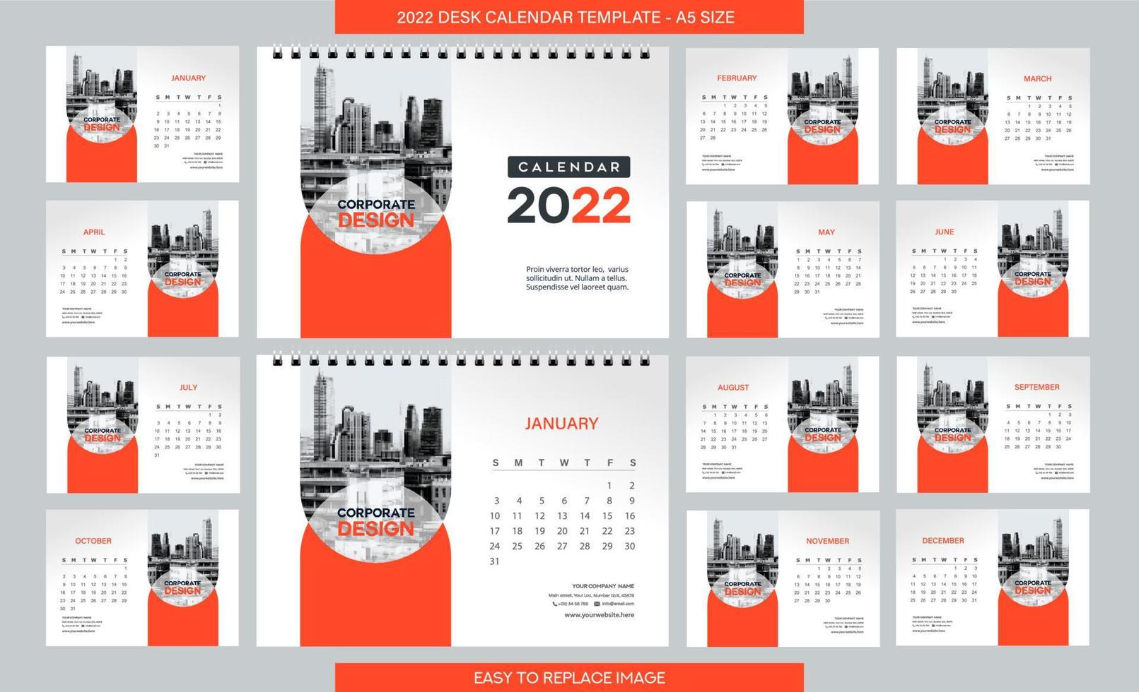 Desk Calendar 2022 template - 12 months included - A5 Size vector