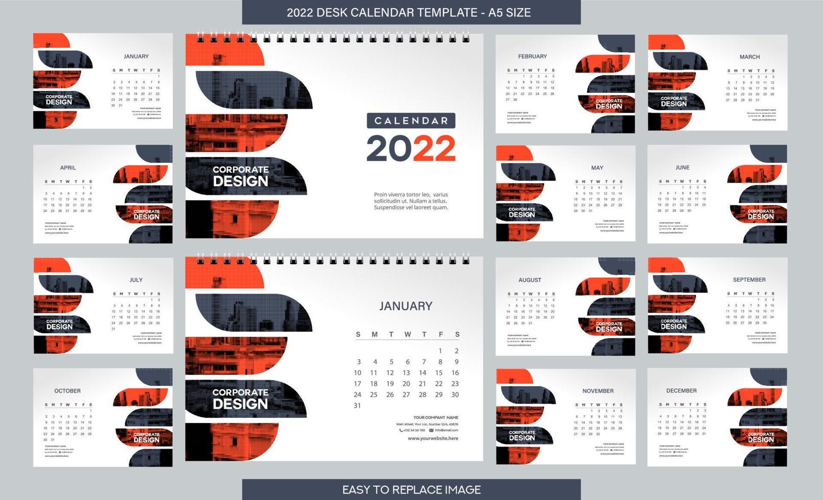 Desk Calendar 2022 template - 12 months included - A5 Size vector