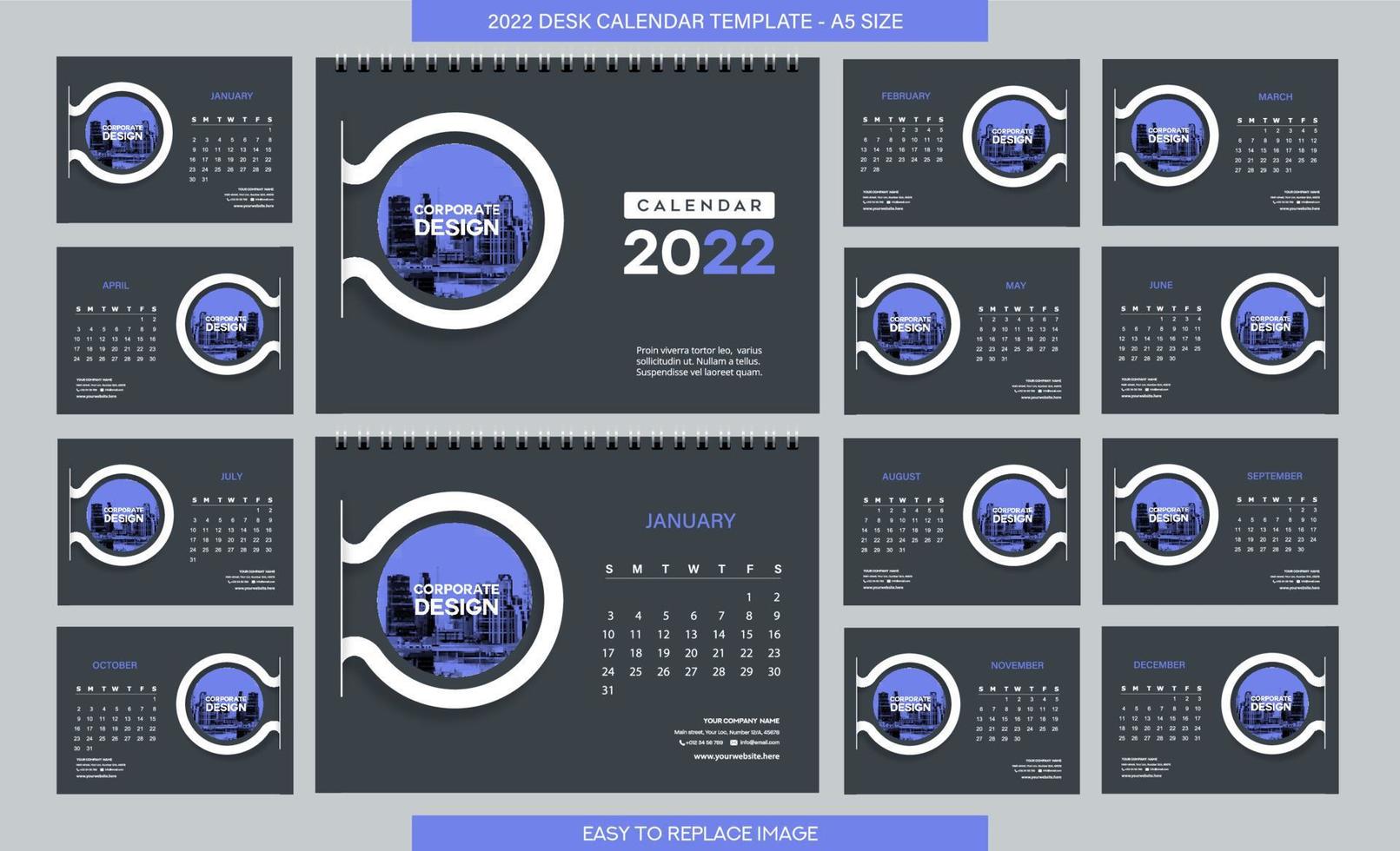 Desk Calendar 2022 template - 12 months included - A5 Size vector