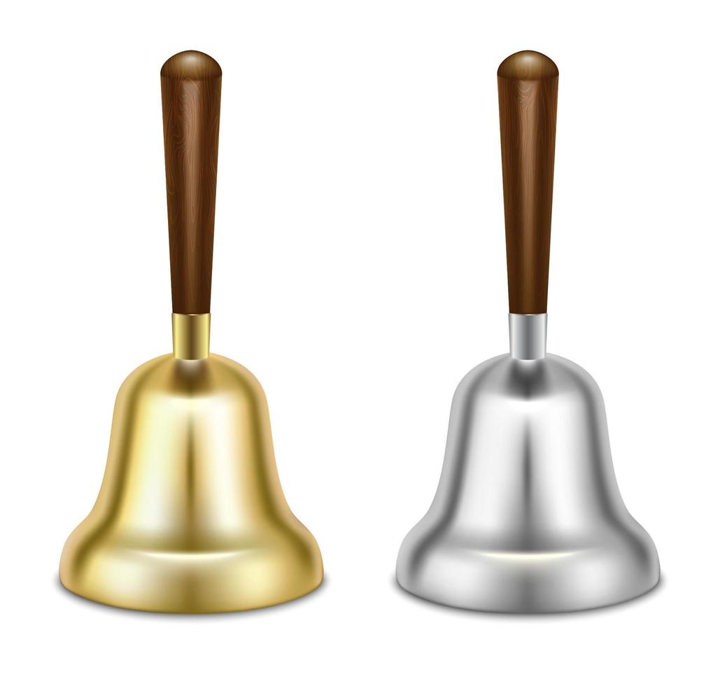 Set of gold and silver bells. Christmas symbol, school bell. 3D realistic illustration. Isolated on white background. Vector. vector