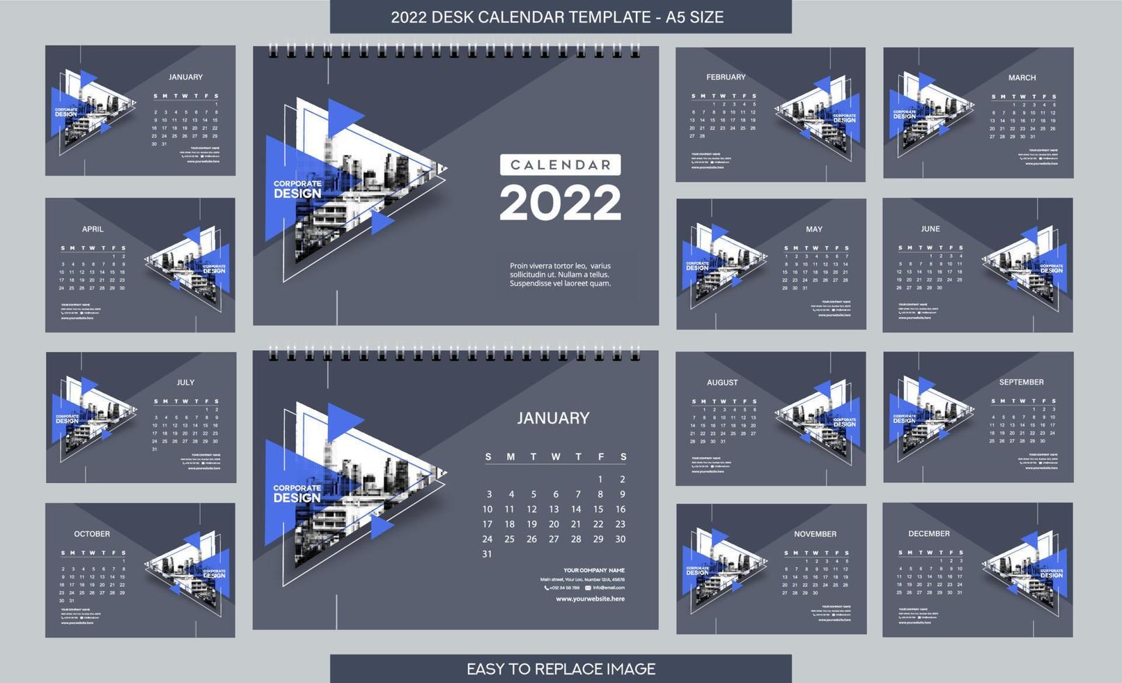 Desk Calendar 2022 template - 12 months included - A5 Size vector