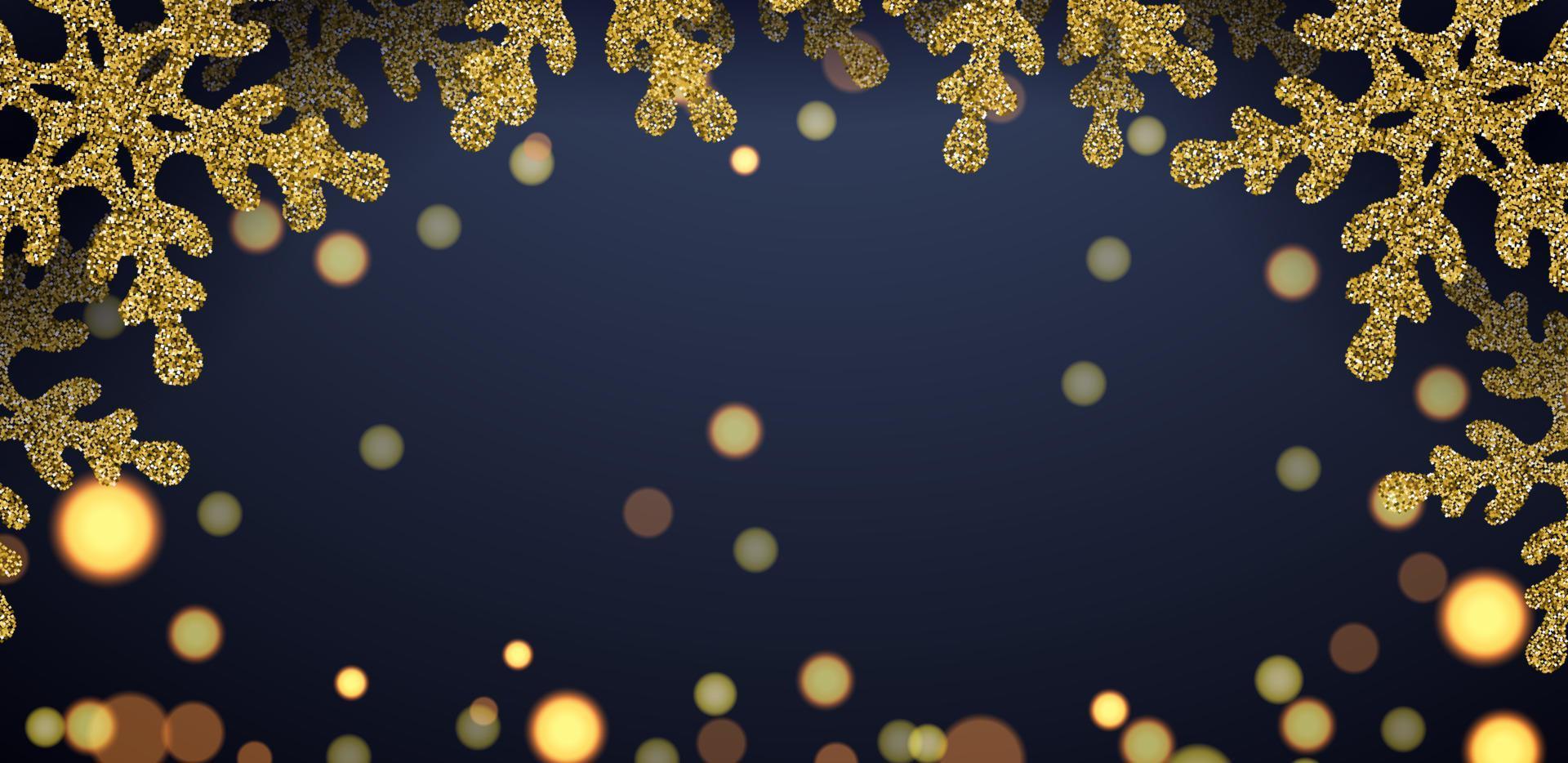 pancartas con copos de nieve dorados de brillo brillante y fondo bokeh. decoración navideña. saludos feliz año nuevo. vector