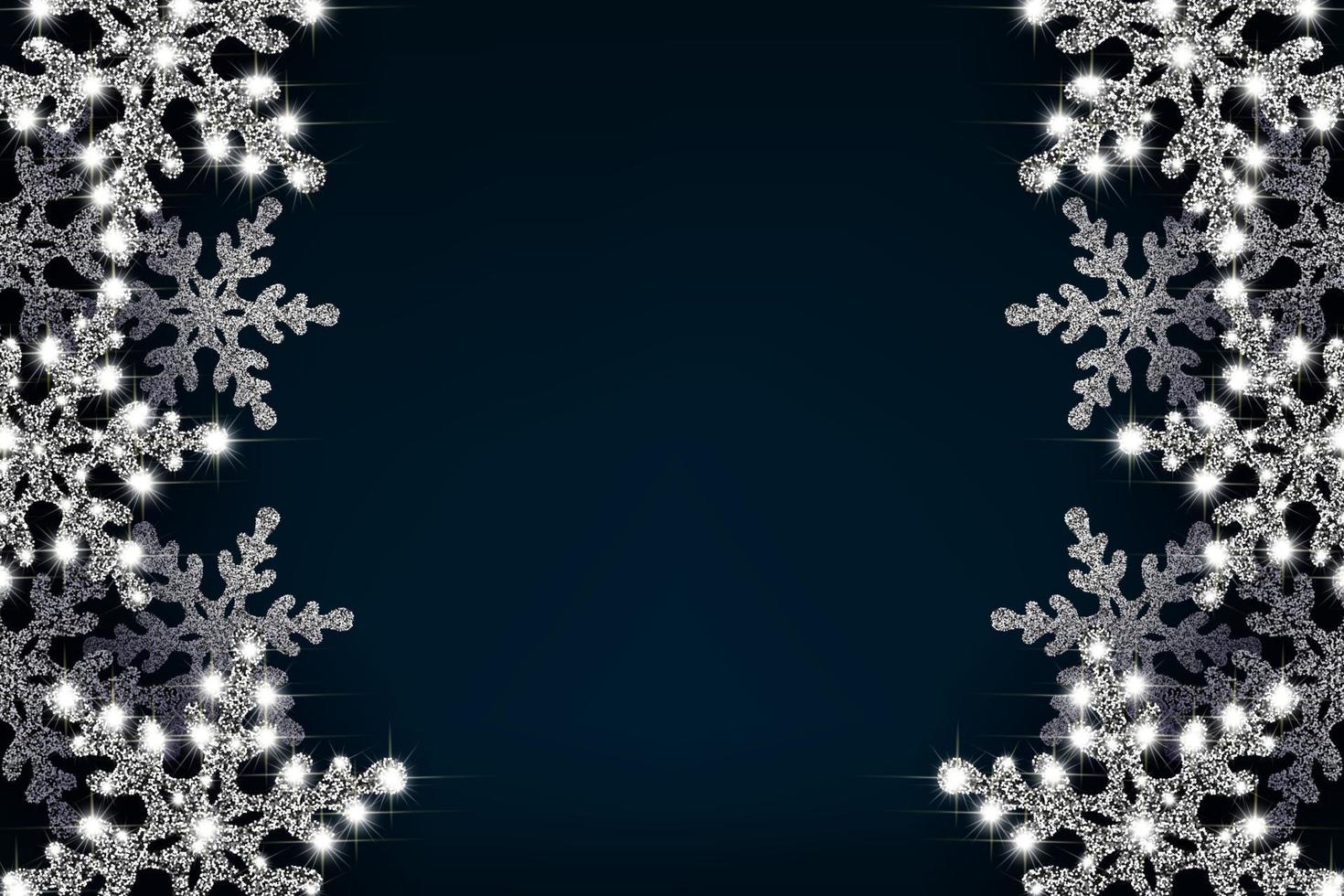 pancarta navideña con un borde de copos de nieve blancos y brillantes con brillo brillante. vector