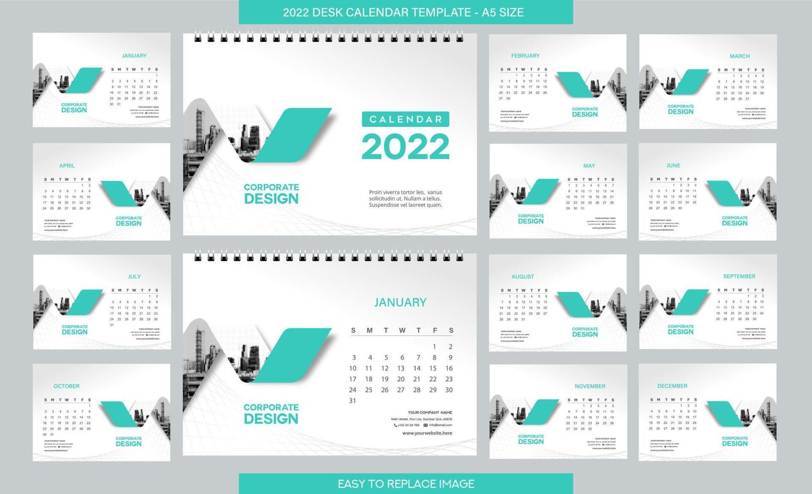 Plantilla de calendario de escritorio 2022 - 12 meses incluidos - tamaño a5 vector