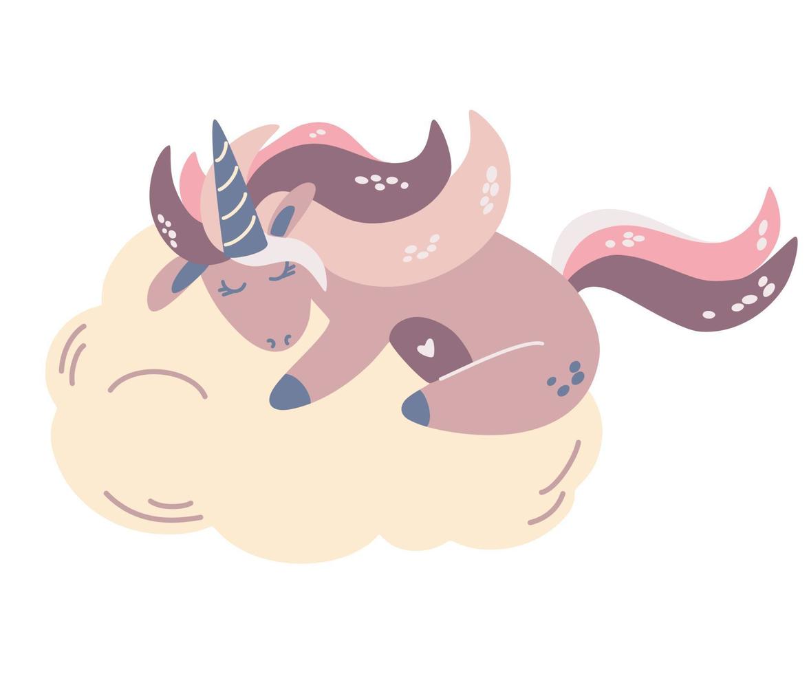 Unicorn sleeping on a cloud. Animal fairy cartoon character girly. Magic sleeping time for sweet dream. Good night. Perfect for invitations, children books, fashion, banner. Vector illustration.