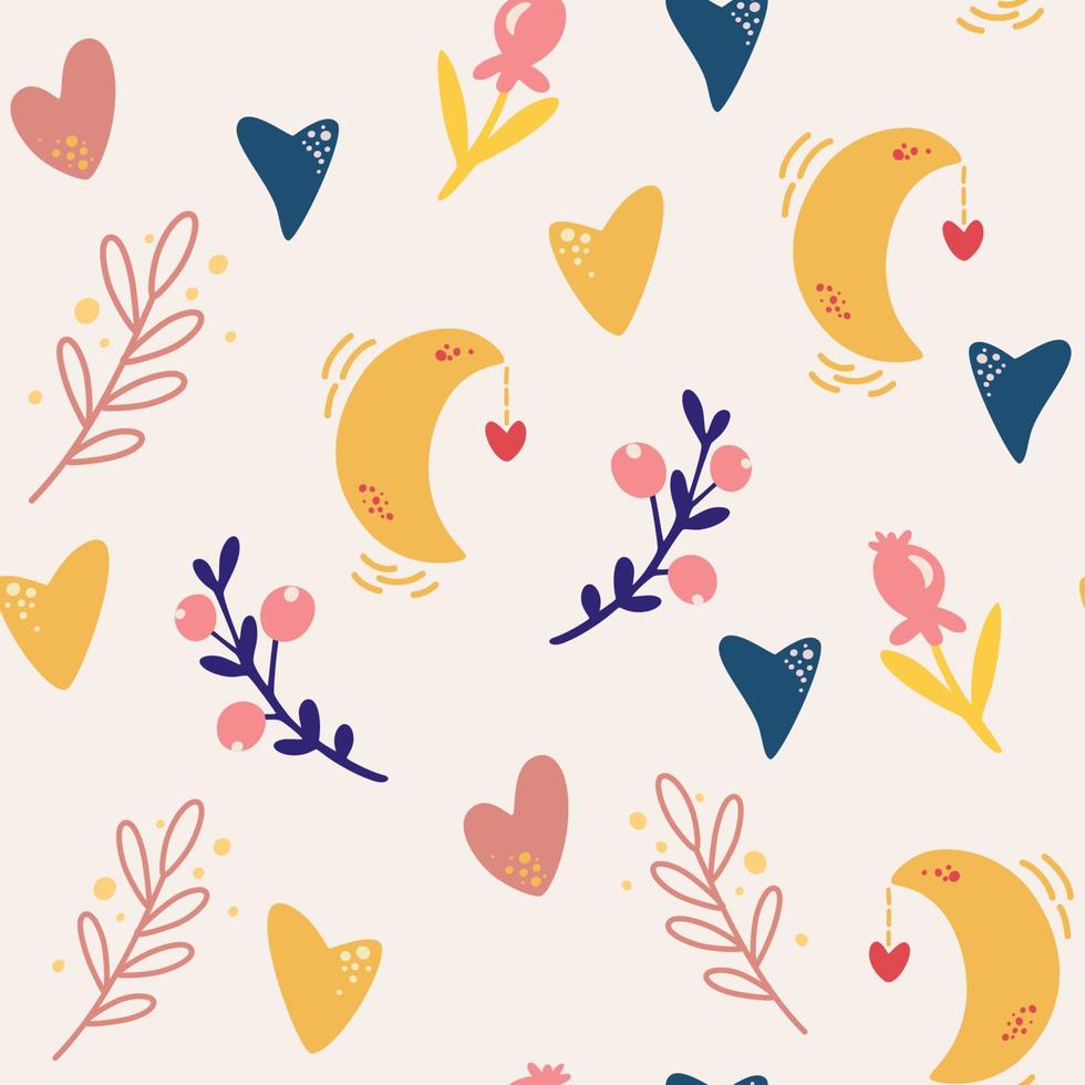 Boho elements seamless pattern. Moon, hearts and flowers. Perfect for Valentines day gift wrapping, fabric, poster or banner background. Vector cartoon illustration.