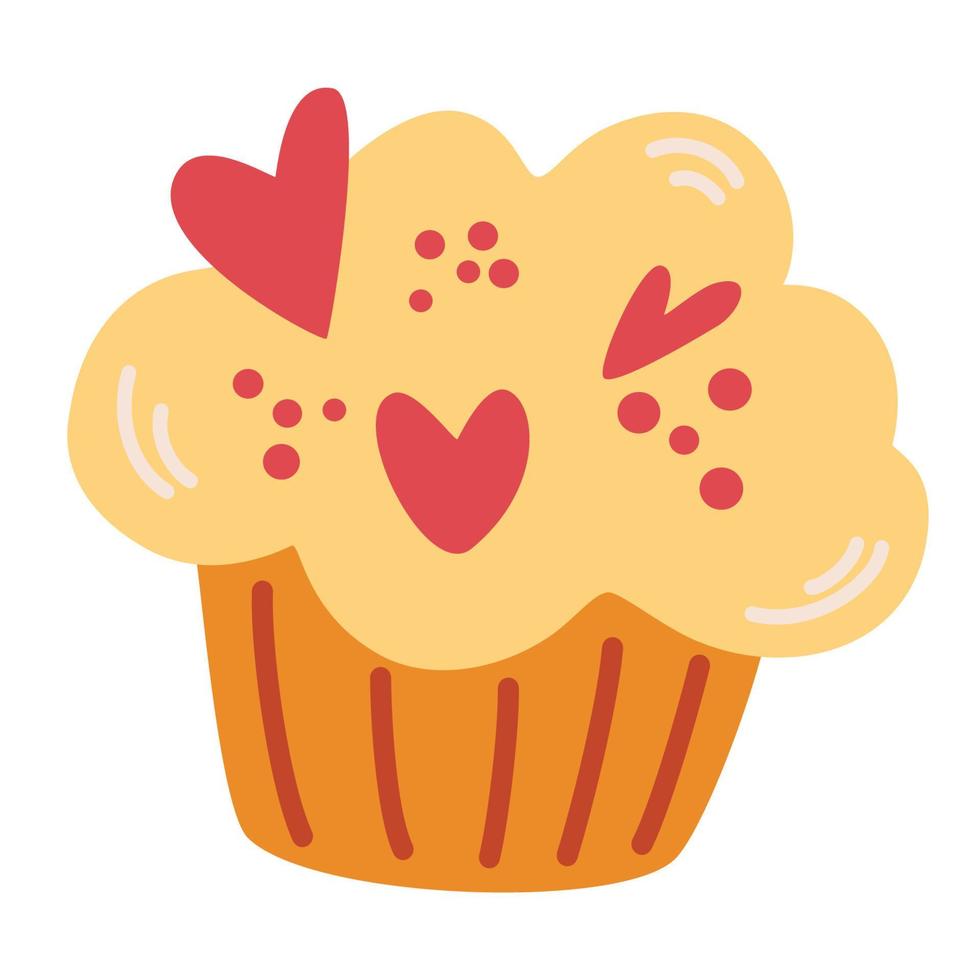 muffin con corazones. comida de postre dulce. cupcake con crema de vainilla para el día de san valentín. ilustración de dibujos animados de vector. aislar sobre un fondo blanco. vector