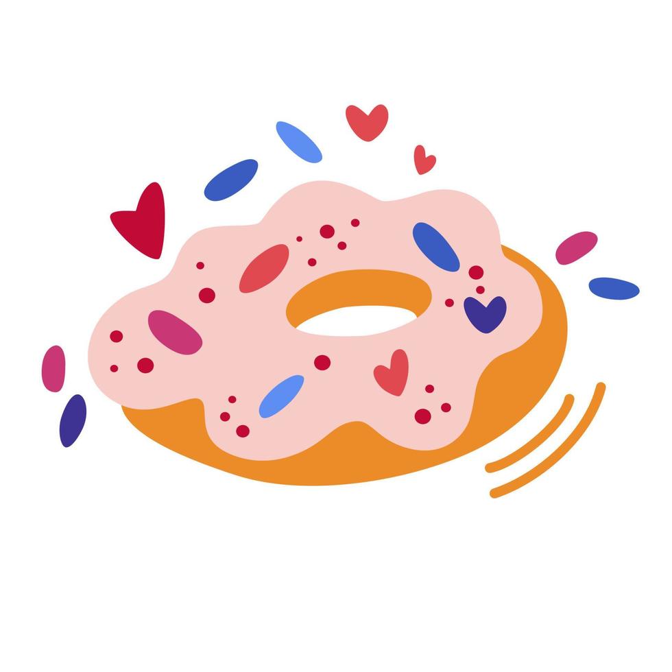 Donut with pink icing. Sweet dessert for Valentines day. For the design of recipes, menus, culinary blogs, stationery. Vector cartoon illustration. Isolate on a white background.