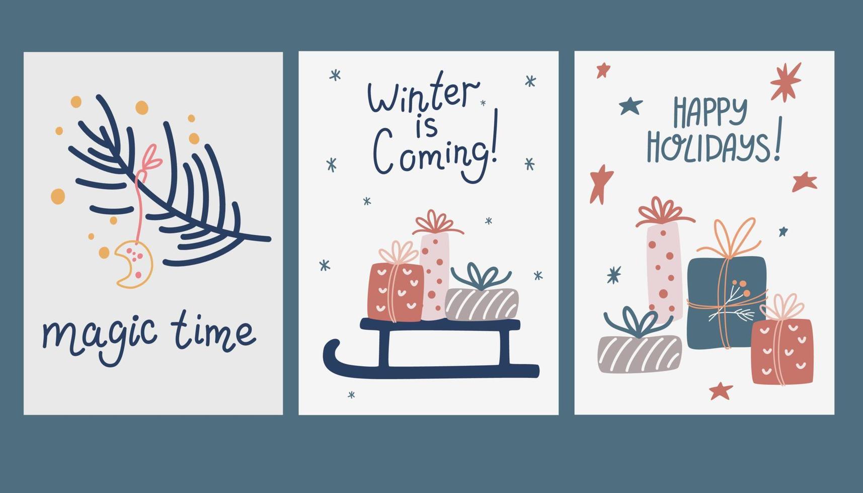feliz navidad tarjeta de felicitación. tarjeta de felicitación de tema de invierno. feliz año nuevo, tarjetas de felices fiestas con flores navideñas y objetos de invierno. ilustración de dibujos animados de vector. vector