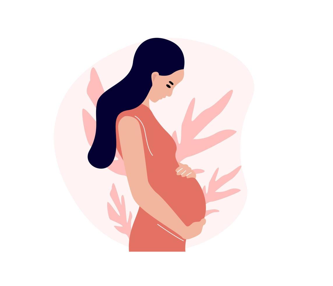 feliz mujer embarazada sostiene su vientre. activo personaje femenino embarazada bien equipado. feliz embarazo. ilustración vectorial de dibujos animados plana vector