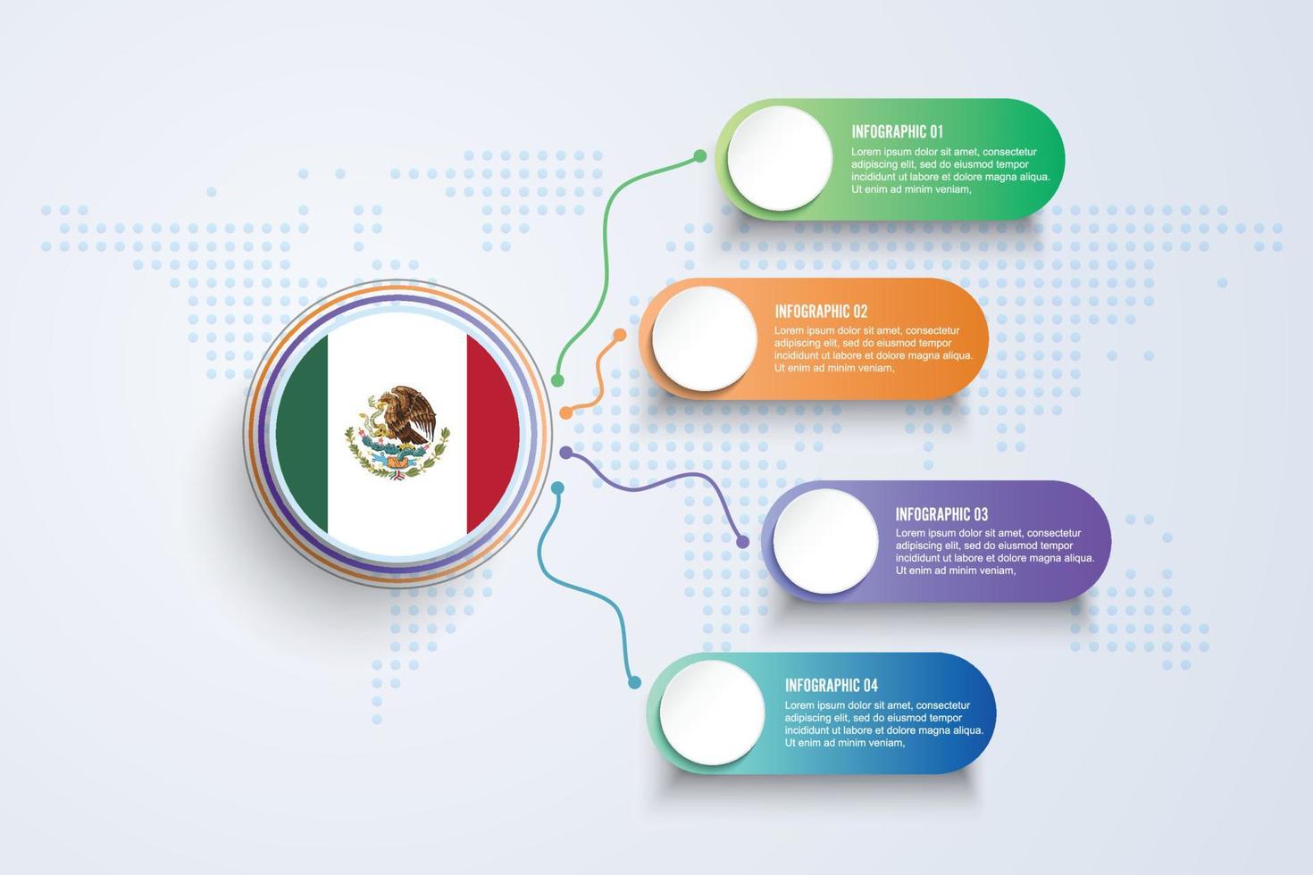Mexico Flag with Infographic Design isolated on Dot World map vector