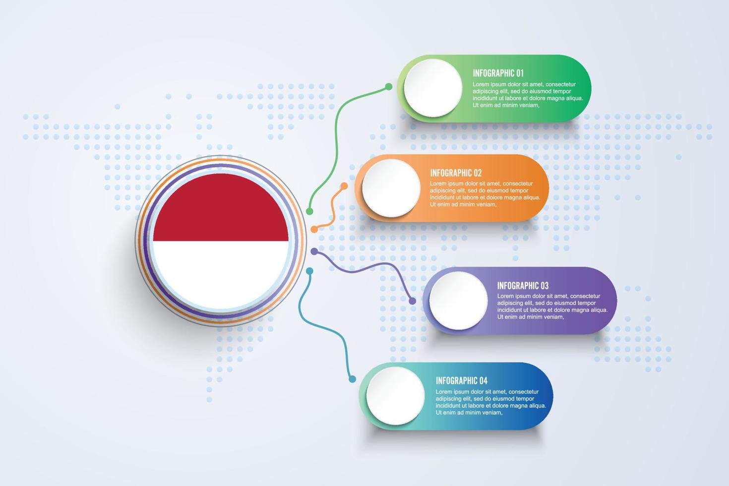 Bandera de Indonesia con diseño infográfico aislado en el mapa mundial de puntos vector