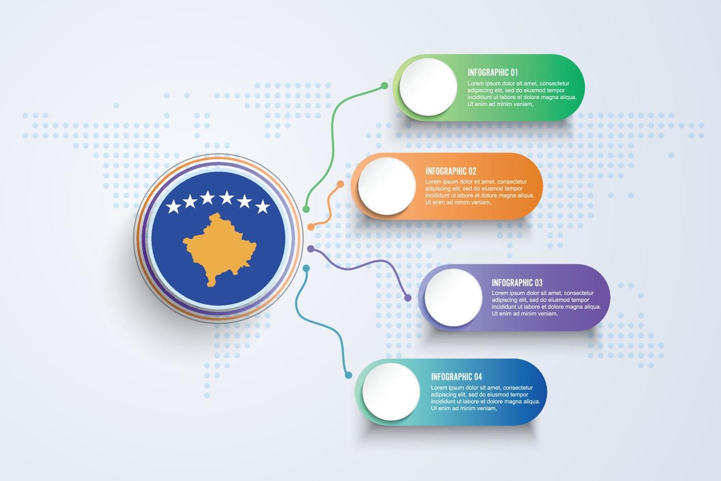 Bandera de Kosovo con diseño infográfico aislado en el mapa mundial de puntos vector