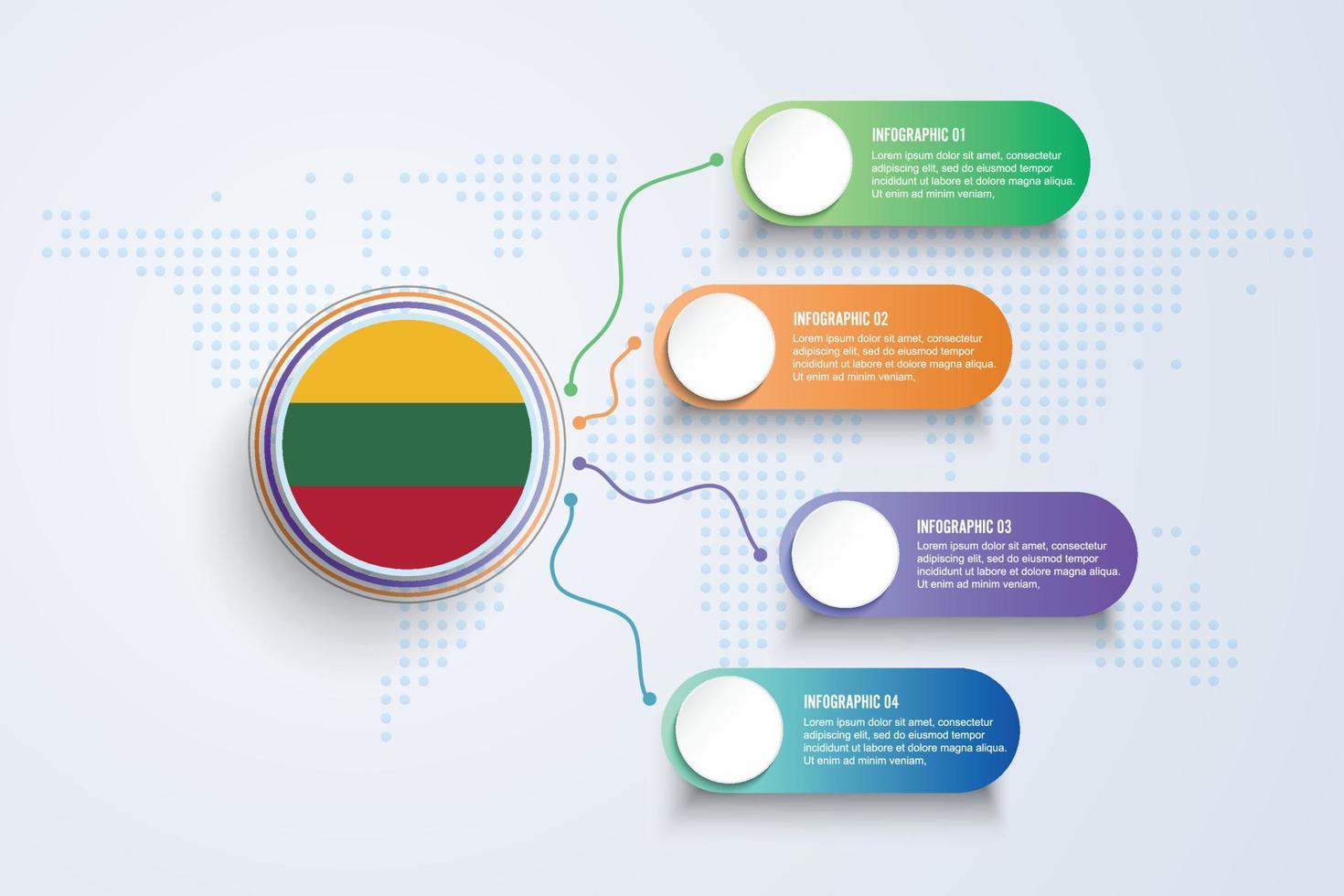 Bandera de Lituania con diseño infográfico aislado en el mapa mundial de puntos vector