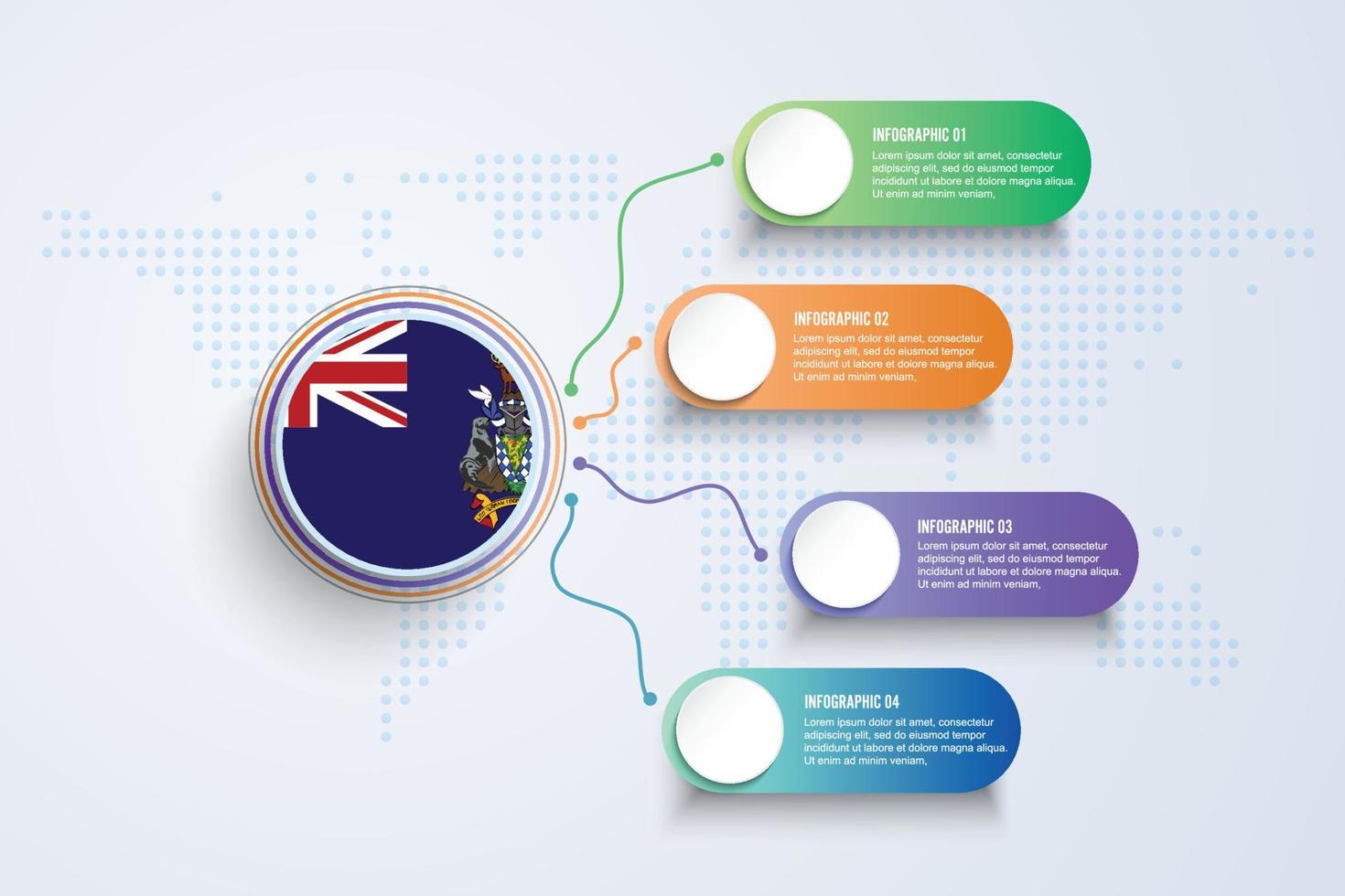 Georgia del Sur y la bandera de las Islas Sandwich del Sur con diseño infográfico aislado en el mapa mundial de puntos vector