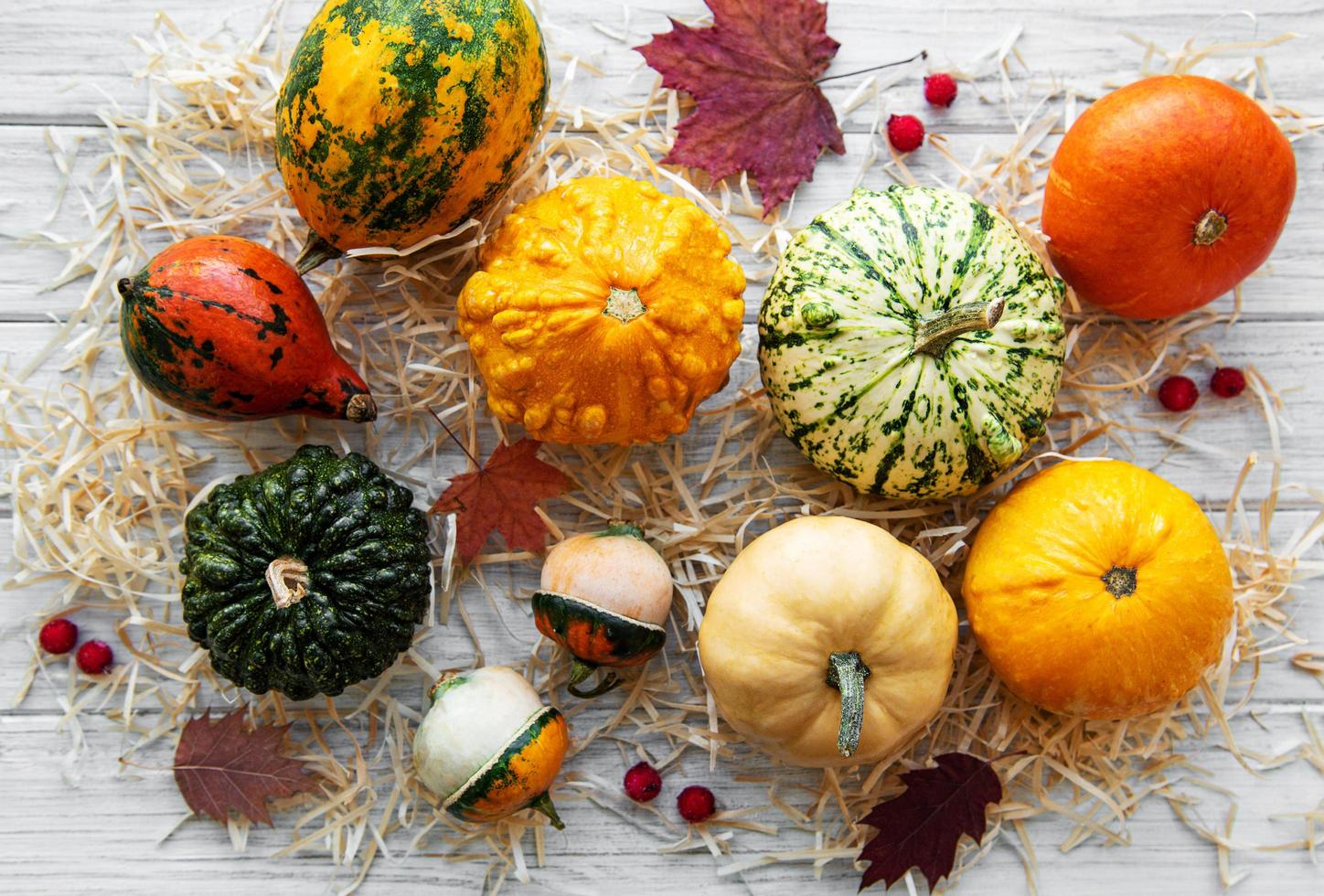 calabazas en una mesa de madera foto