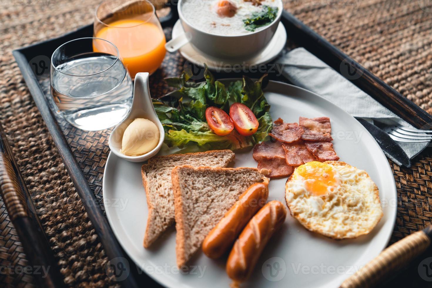 Breakfast in a tray at the hotel photo